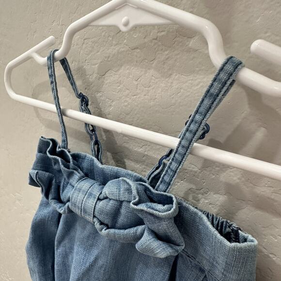 RuffleButts Chambray Denim Bow Ruffle Bubble Romper - Picture 2 of 8